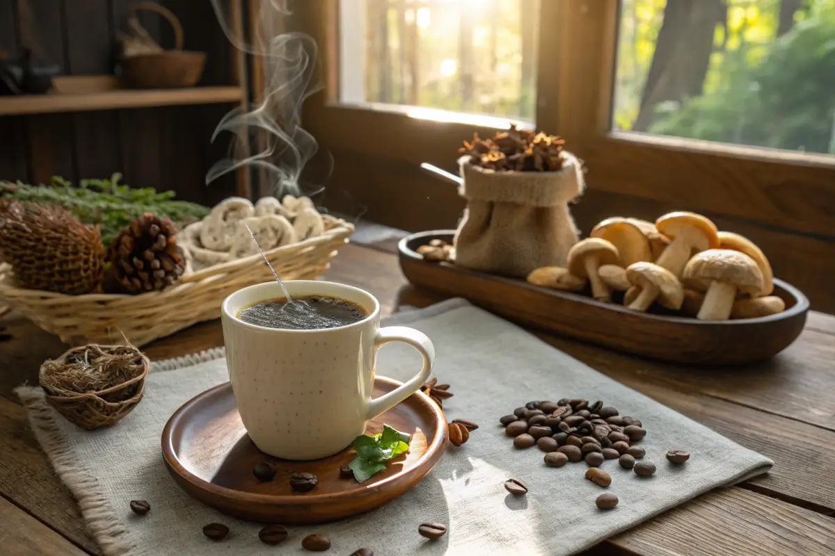 Steaming cup of mushroom coffee with natural ingredients