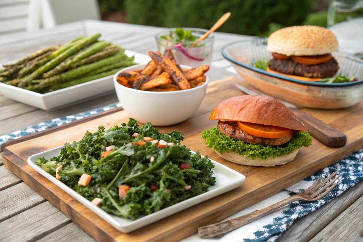 A vibrant spread of healthy sides for burgers, including salads and fries