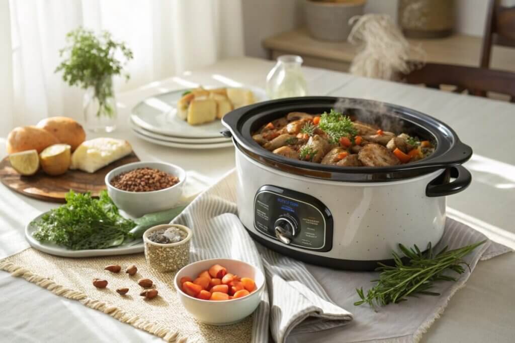 Slow cooker with high-protein crock pot meals ready to serve