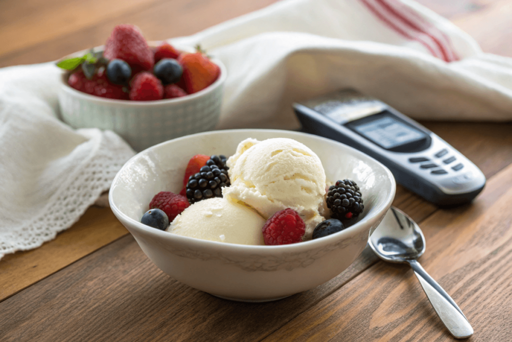 Low-sugar vanilla ice cream with berries and a glucose meter