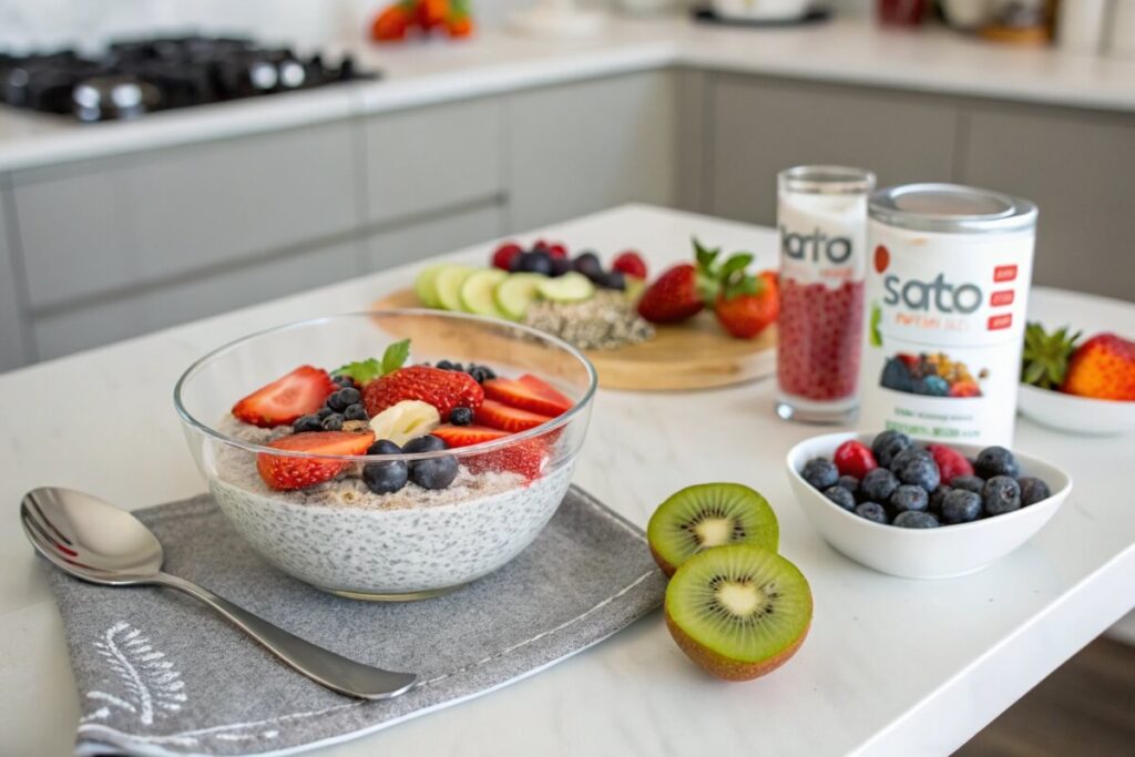 Breakfast table featuring ratio protein yogurt with chia pudding and fresh fruits