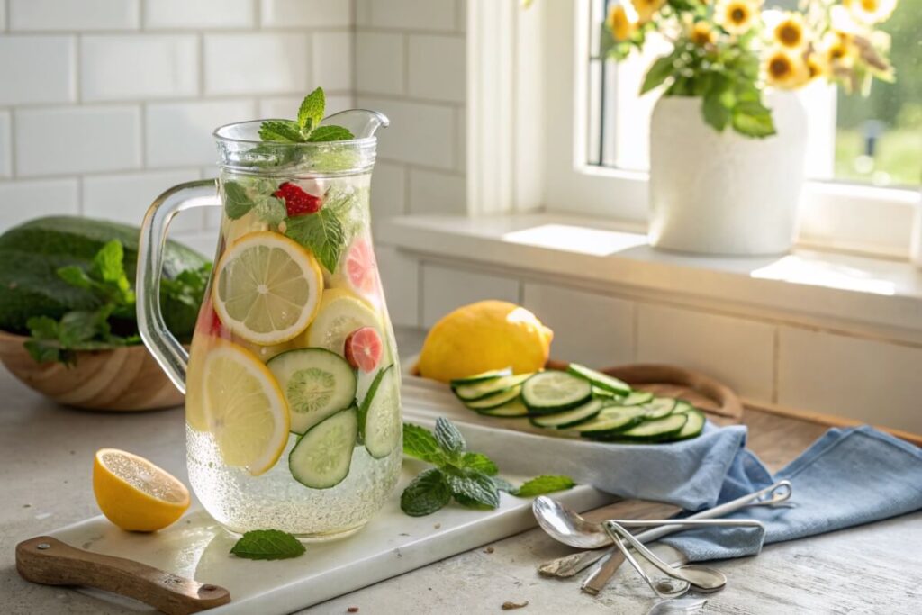 Seltzer infused with lemon, cucumber, and mint