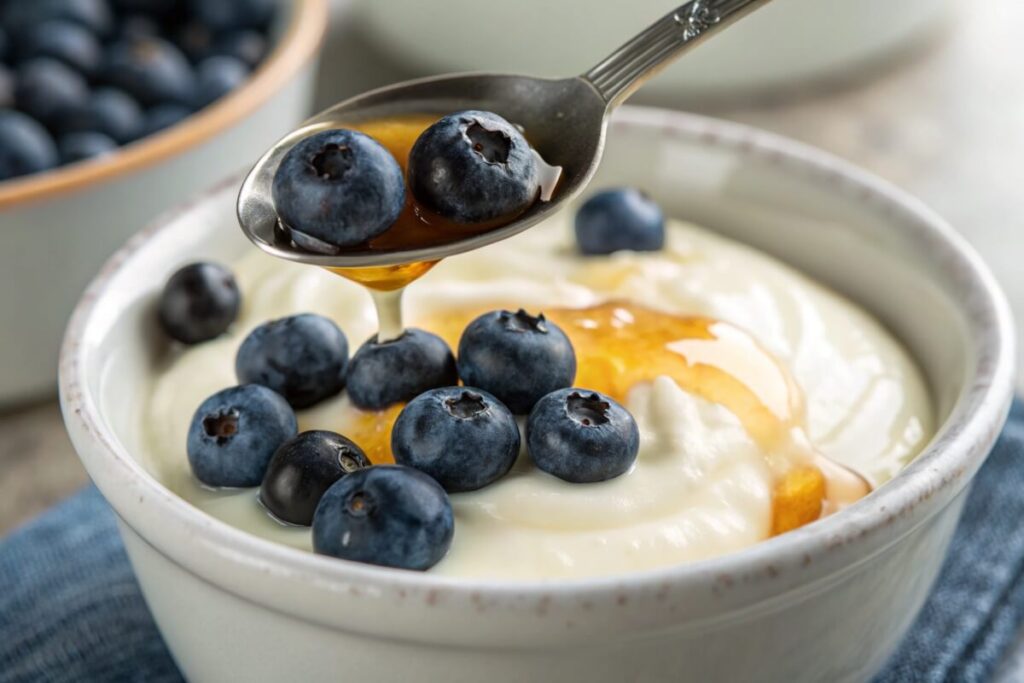 A spoonful of vanilla ratio protein yogurt topped with blueberries and honey