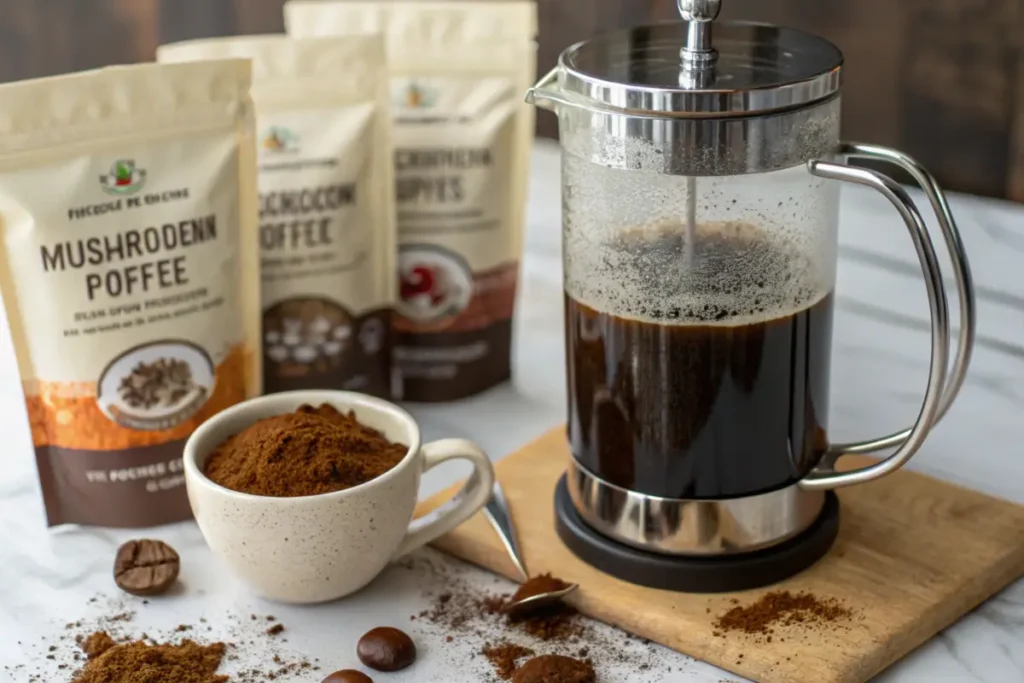 Freshly brewed mushroom coffee poured from a French press