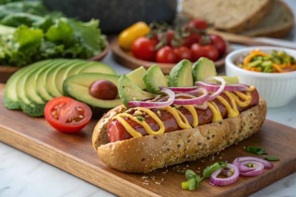 A gourmet healthy hot dog with avocado and pickled onions