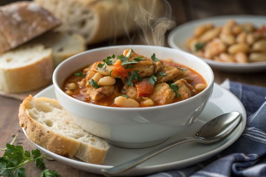 A bowl of chicken and white bean stew as a high-protein crock pot meal