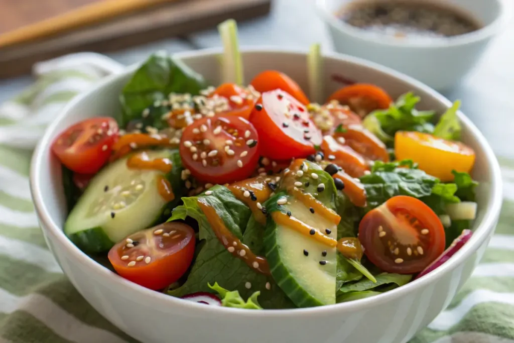 Salad with sesame oil dressing and fresh vegetables