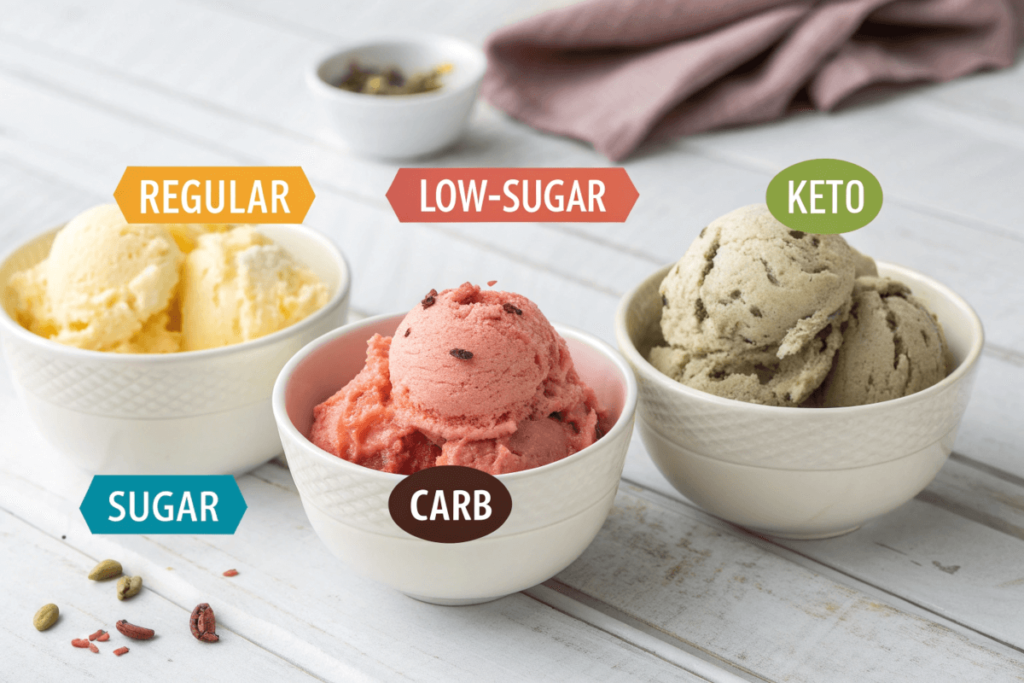 Comparison of regular, low-sugar, and keto ice creams