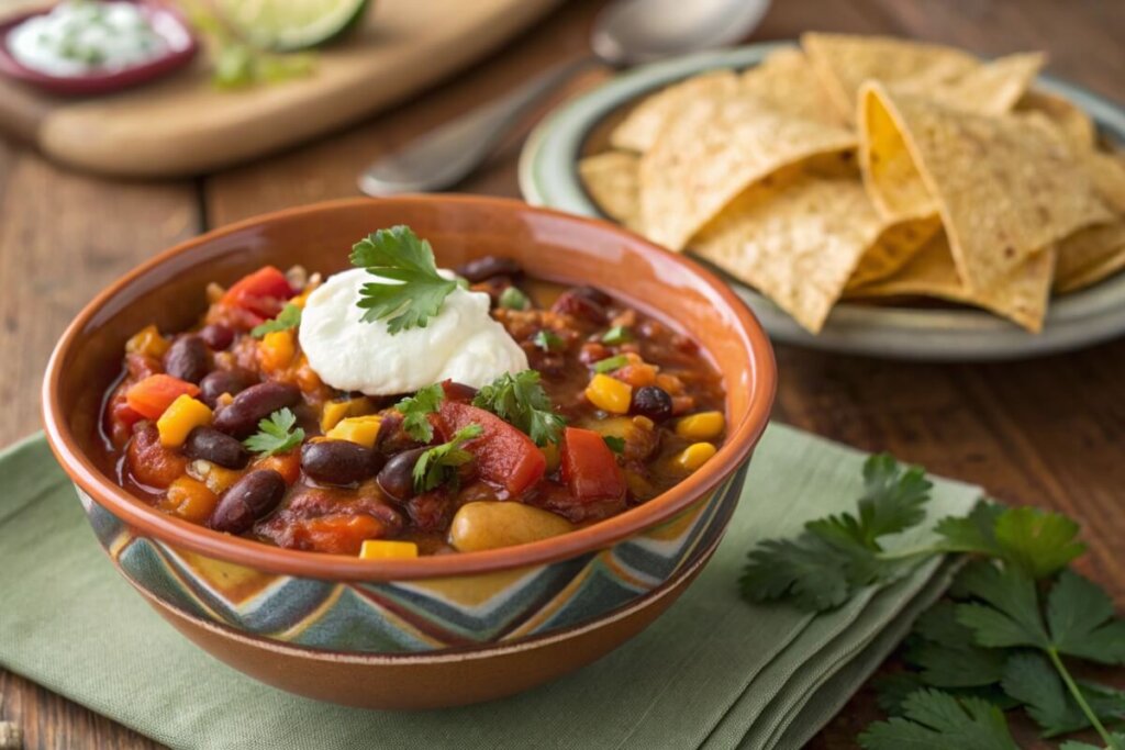 Three-bean chili, a vegetarian high-protein crock pot meal