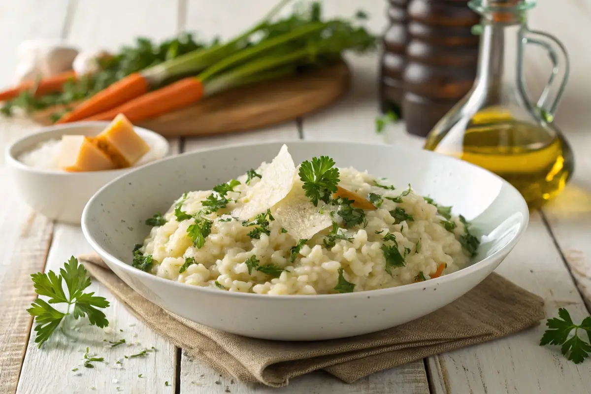 A bowl of risotto with parsley and Parmesan, showing a creamy dish that is gluten free.