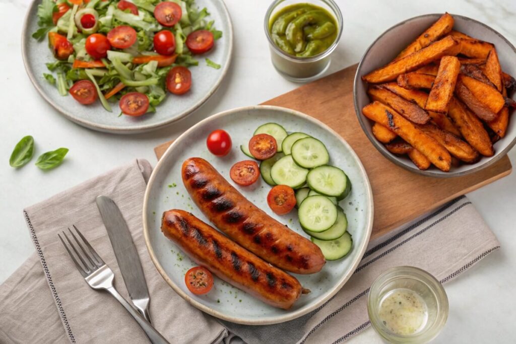 Grilled healthy hot dogs with roasted sweet potato fries and a fresh salad