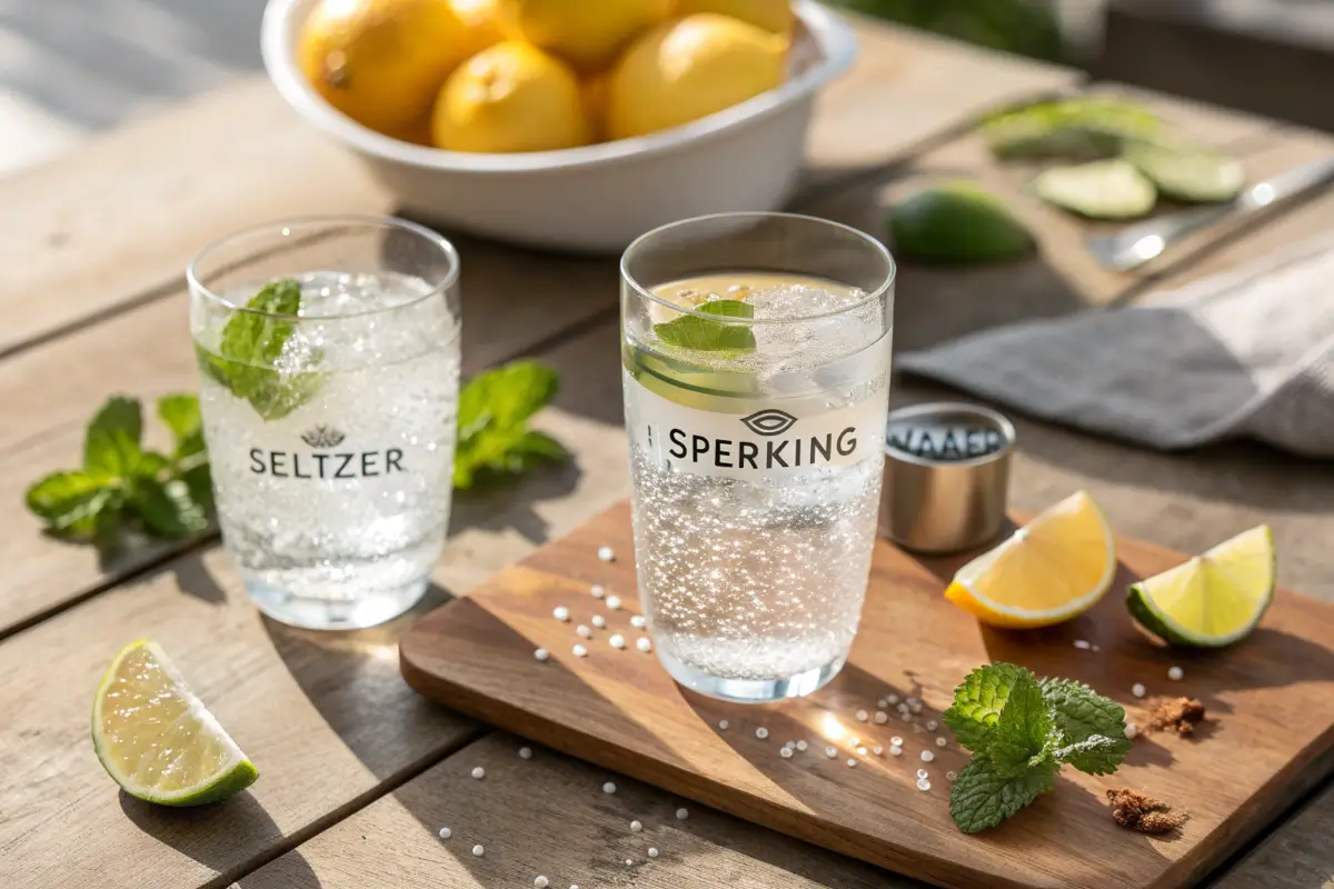 Glasses of seltzer and sparkling water with fresh fruits