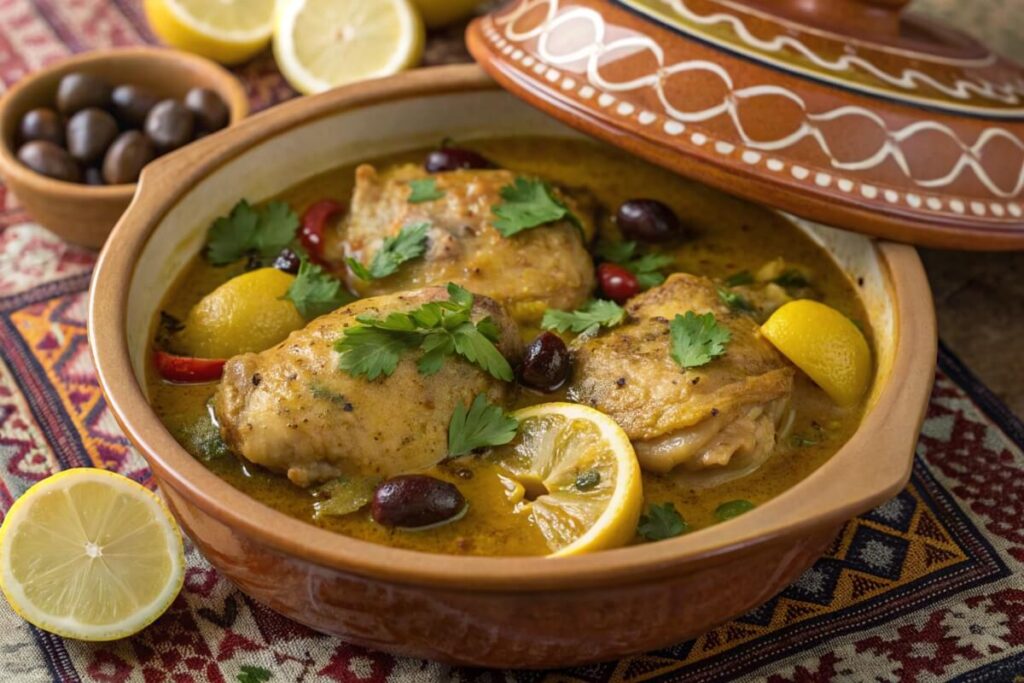 Moroccan-style tagine with braised dark meat chicken thighs and olives