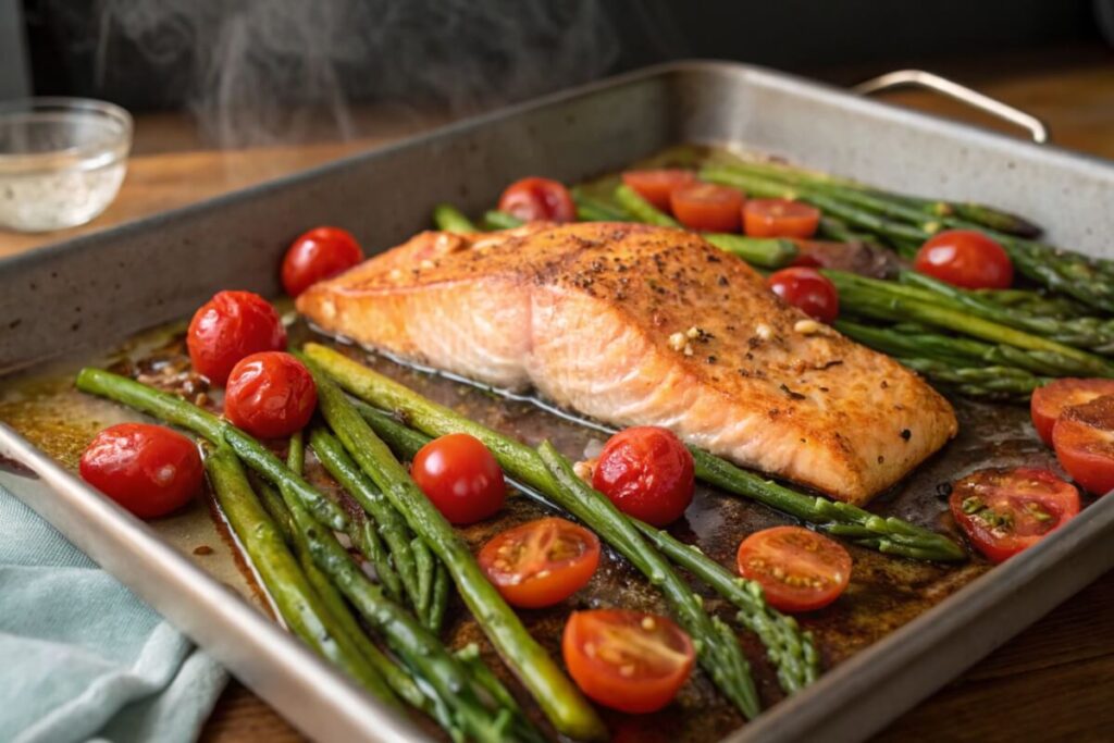 One-pan baked salmon with asparagus and cherry tomatoes