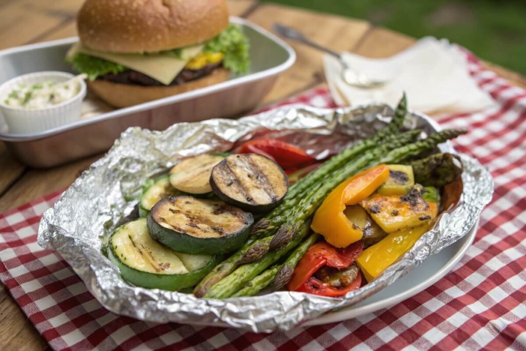  Grilled vegetables in foil served with a burger.