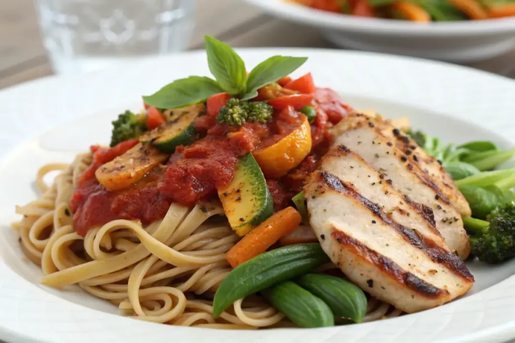 Marinara sauce served with whole-grain pasta, grilled chicken, and vegetables