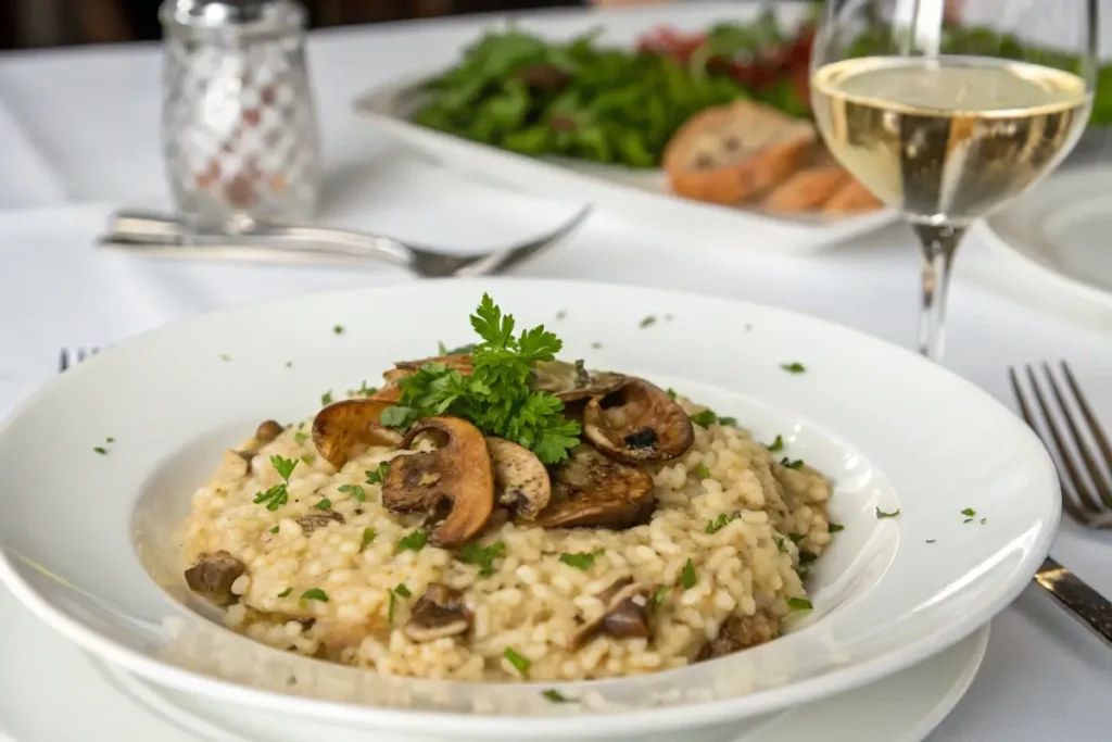 Mushroom risotto served with sautéed mushrooms and herbs.