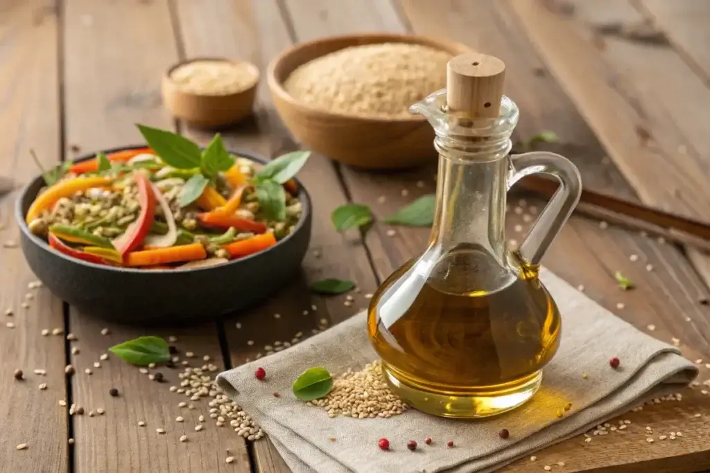 Sesame oil bottle with sesame seeds and vegetables