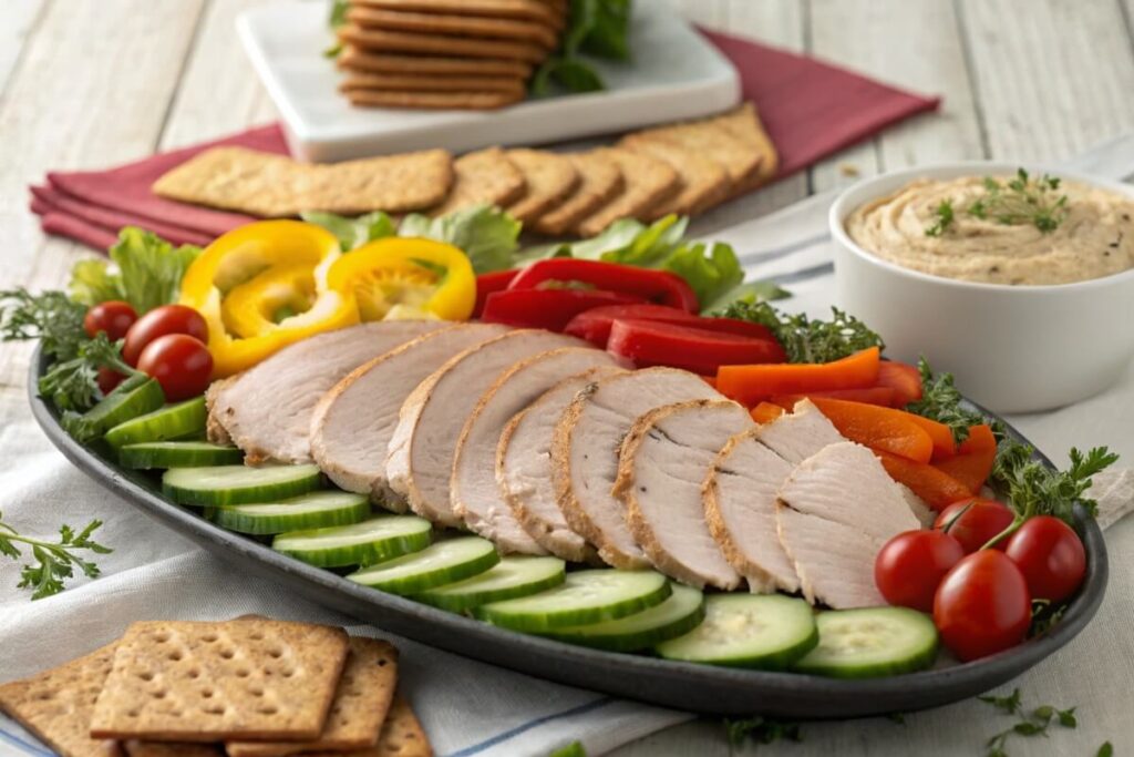 A platter of low sodium lunch meat with fresh vegetables