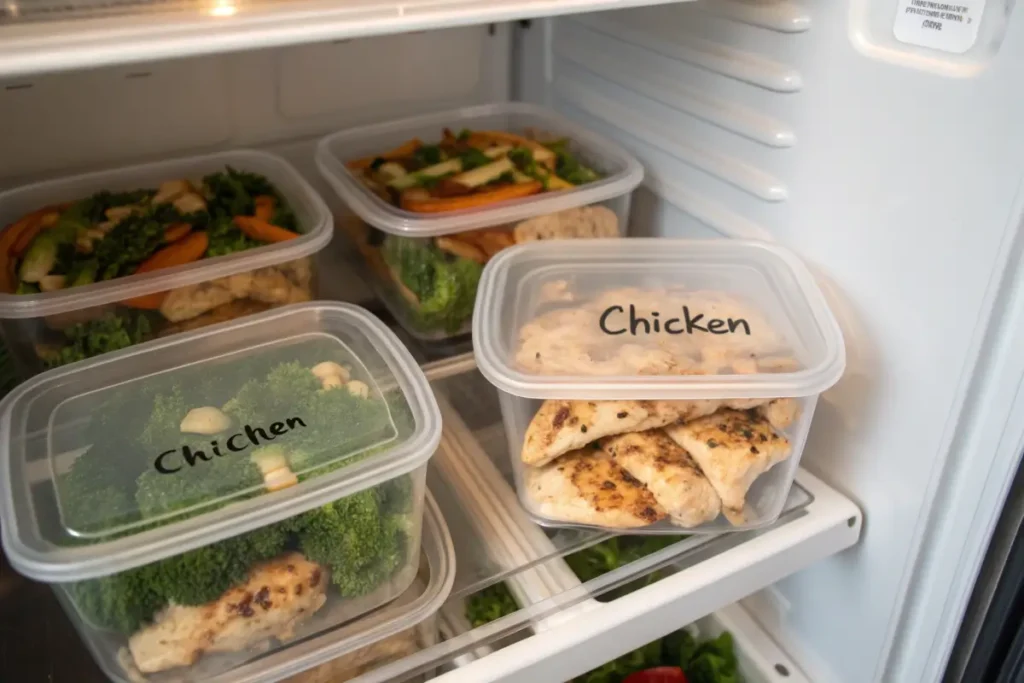 Cooked chicken stored in labeled containers in a refrigerator.