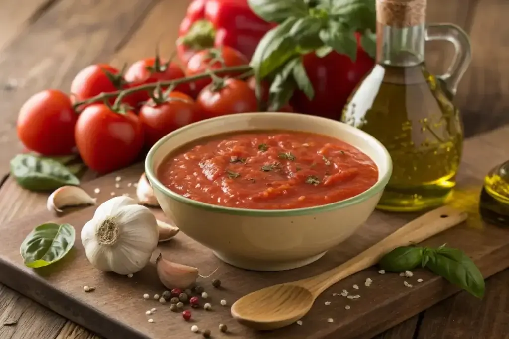 A bowl of marinara sauce surrounded by fresh tomatoes and herbs in a rustic kitchen.