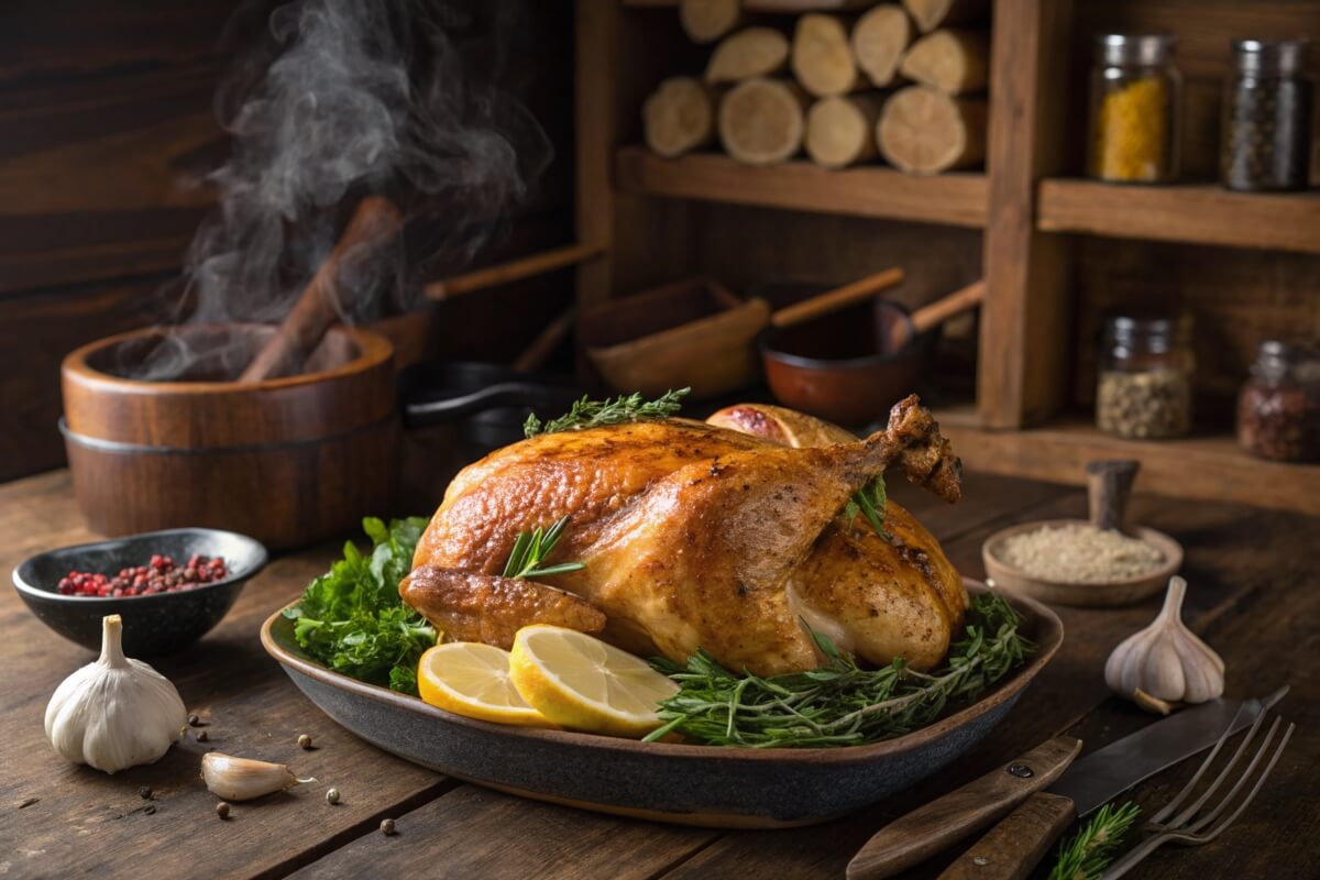 Golden roasted dark meat chicken with herbs and lemon on a rustic table