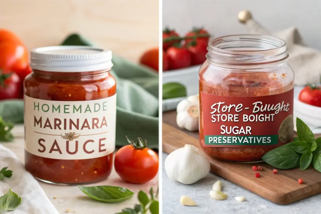 Comparison of homemade and store-bought marinara sauces with ingredient highlights