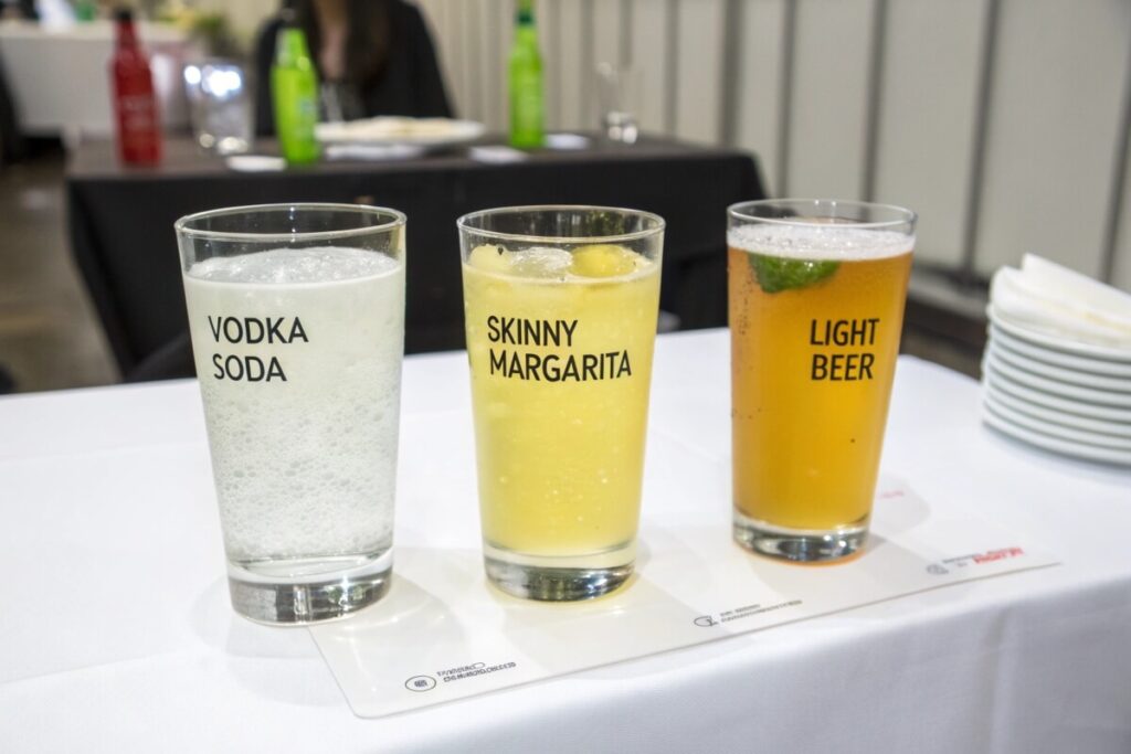 Side-by-side comparison of vodka soda, skinny margarita, and light beer