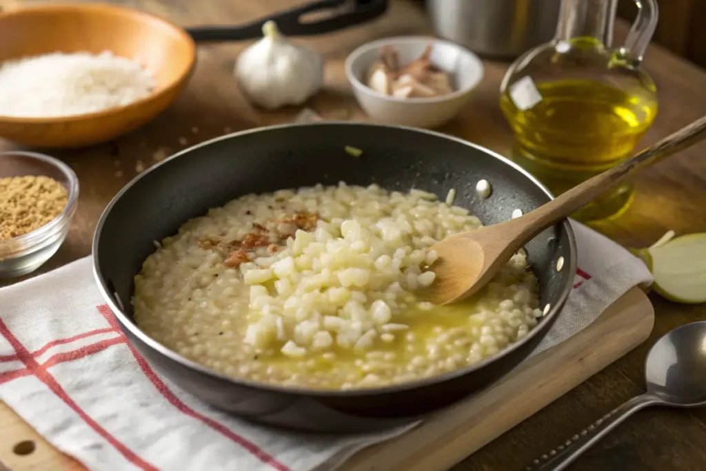 Preparing risotto with sautéed onions, garlic, and Arborio rice.