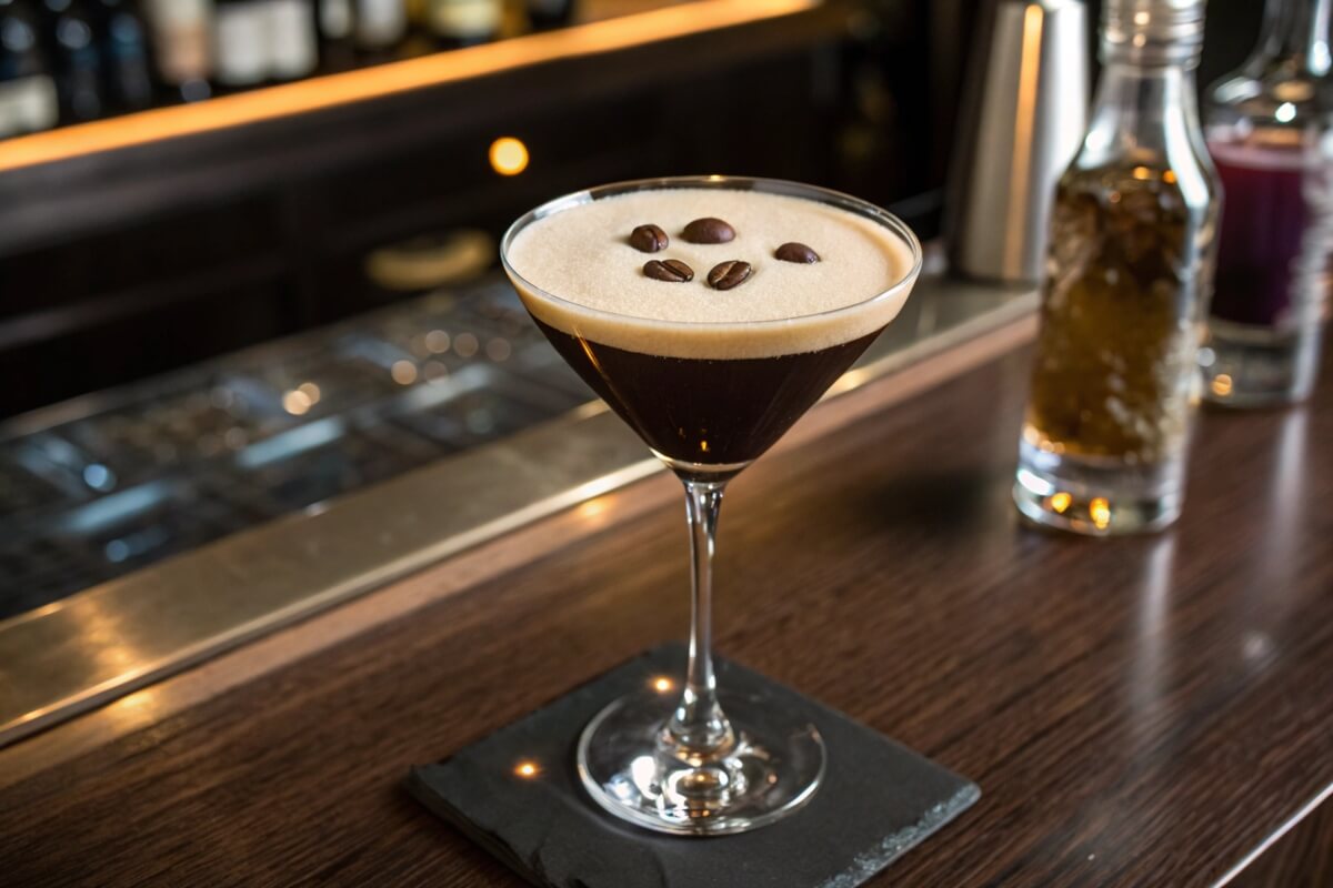 Elegant espresso martini on a wooden bar with coffee beans