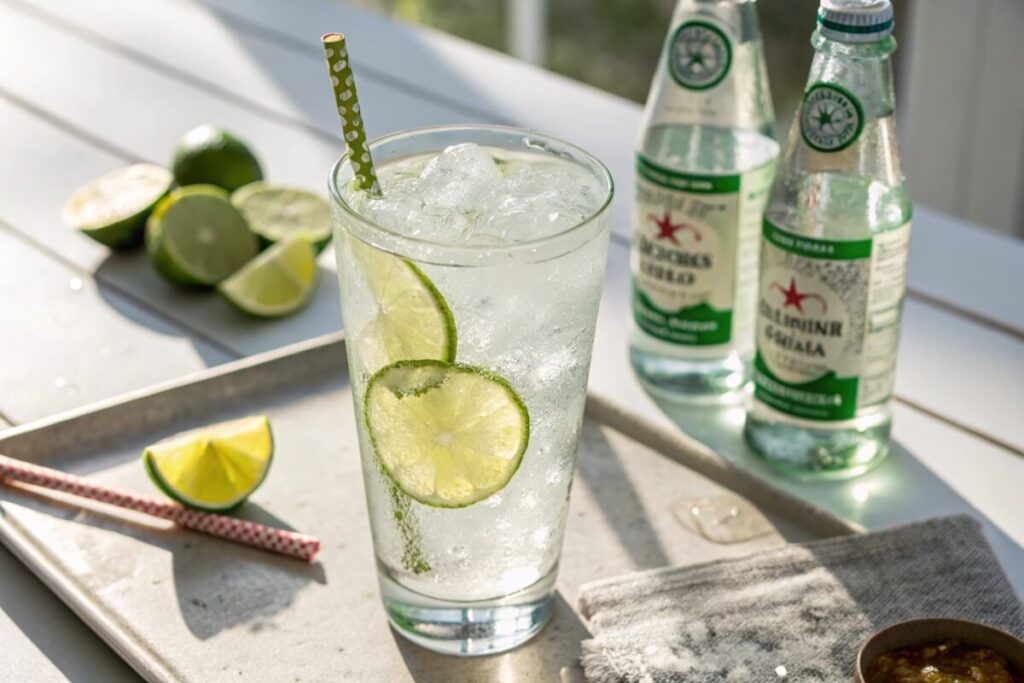 odka soda with lime garnish and ice cubes on a sunny table