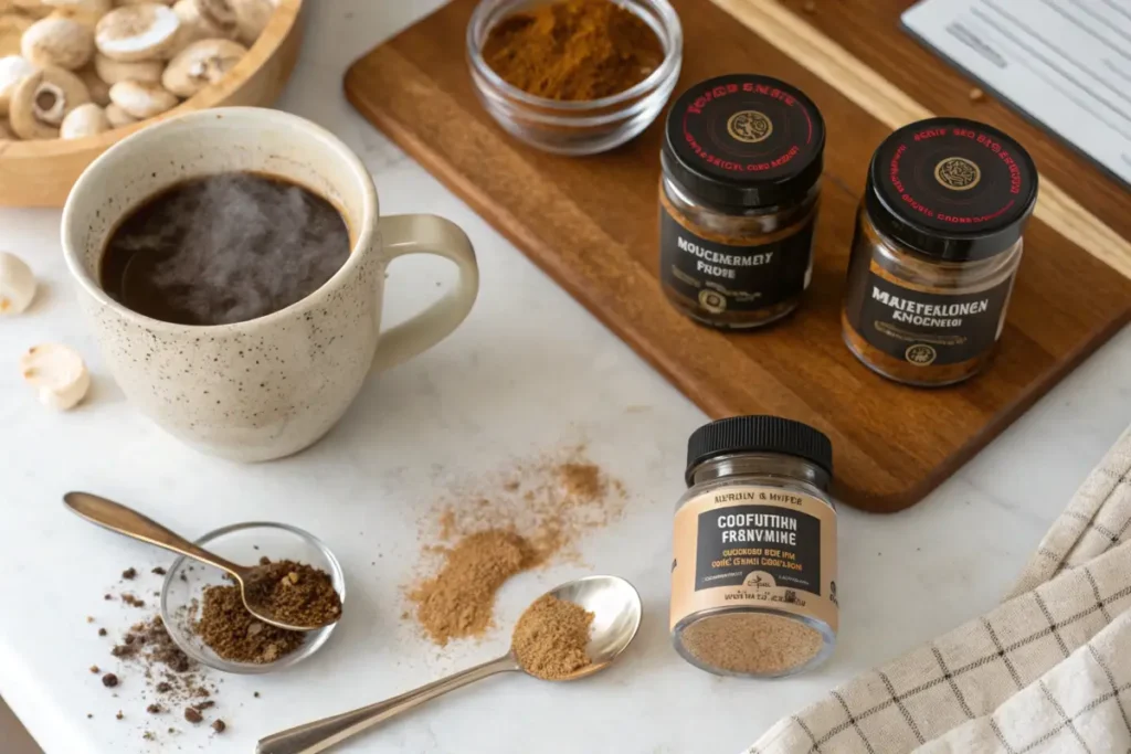 DIY mushroom coffee ingredients on a kitchen counter