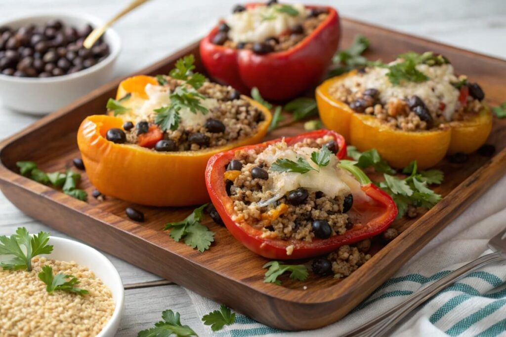 Stuffed bell peppers with quinoa and black beans for a vegetarian high protein dinner