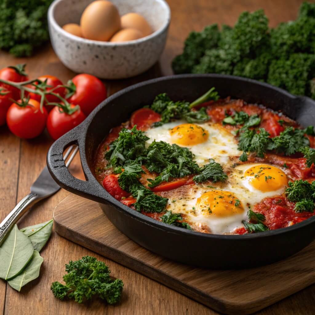 Baked Eggs in Tomato Sauce with Kale