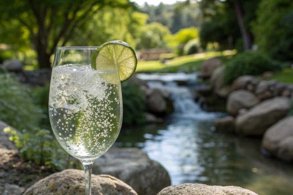 Close-up of sparkling water with bubbles and lime