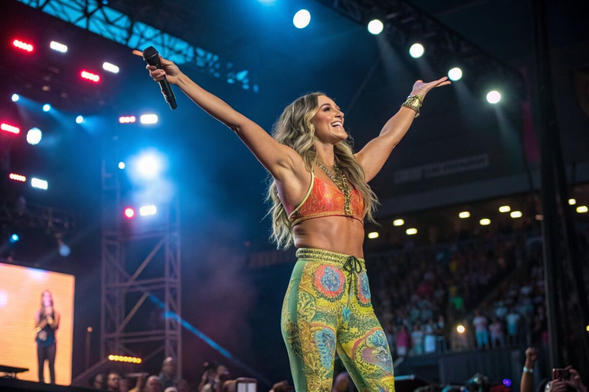 Lainey Wilson on stage, showing her fit physique