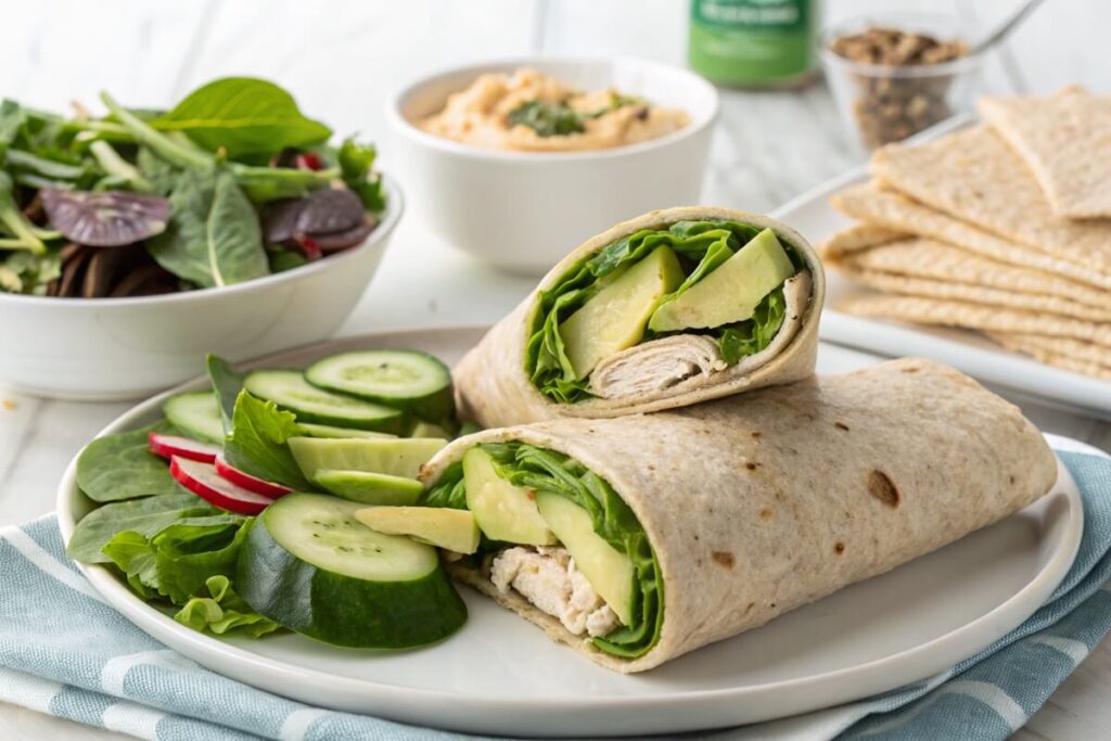 Low sodium turkey wrap with spinach, cucumber, and avocado.