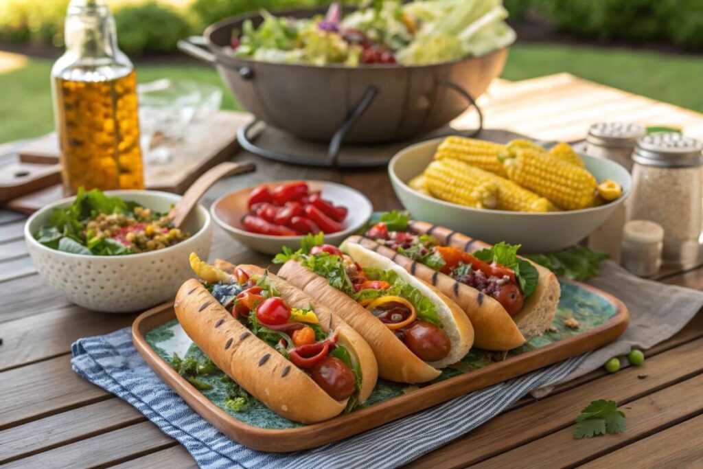 A platter of healthy hot dogs with colorful toppings and sides.