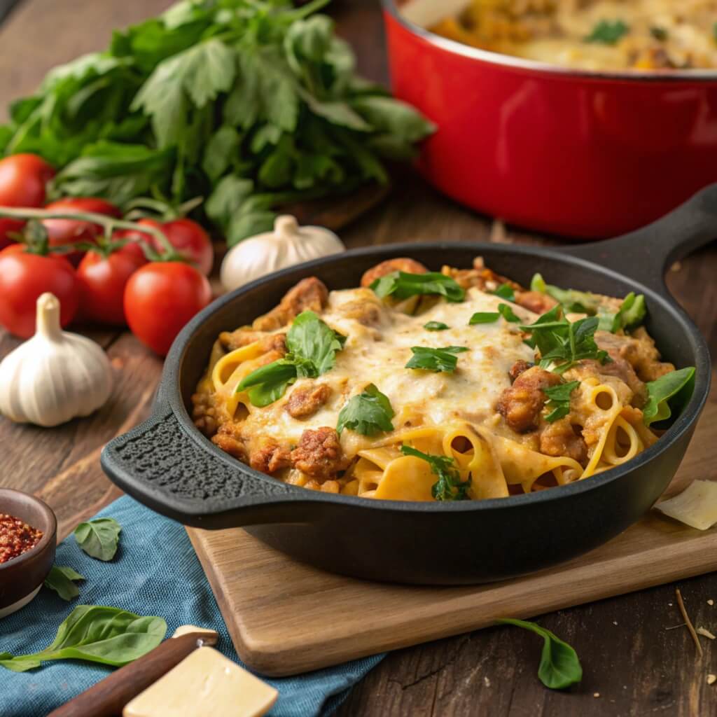 one-skillet cheesy ground chicken pasta recipe