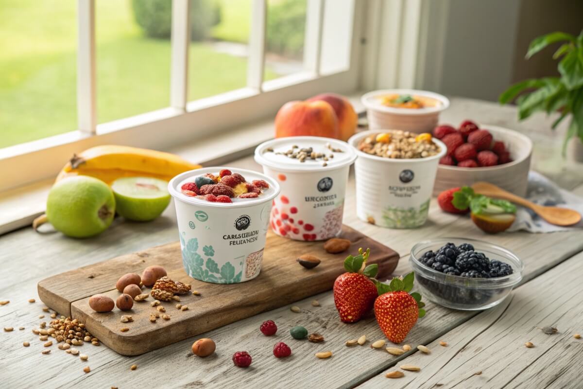 Ratio protein yogurt surrounded by fresh fruits and nuts on a wooden table