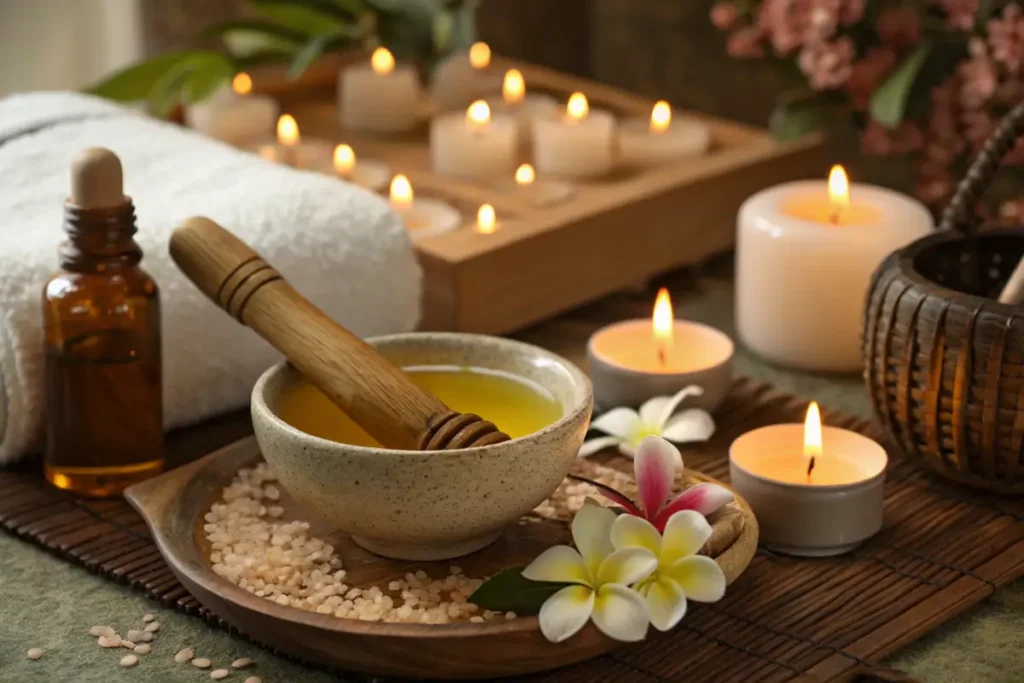 Sesame oil in Ayurvedic massage setup