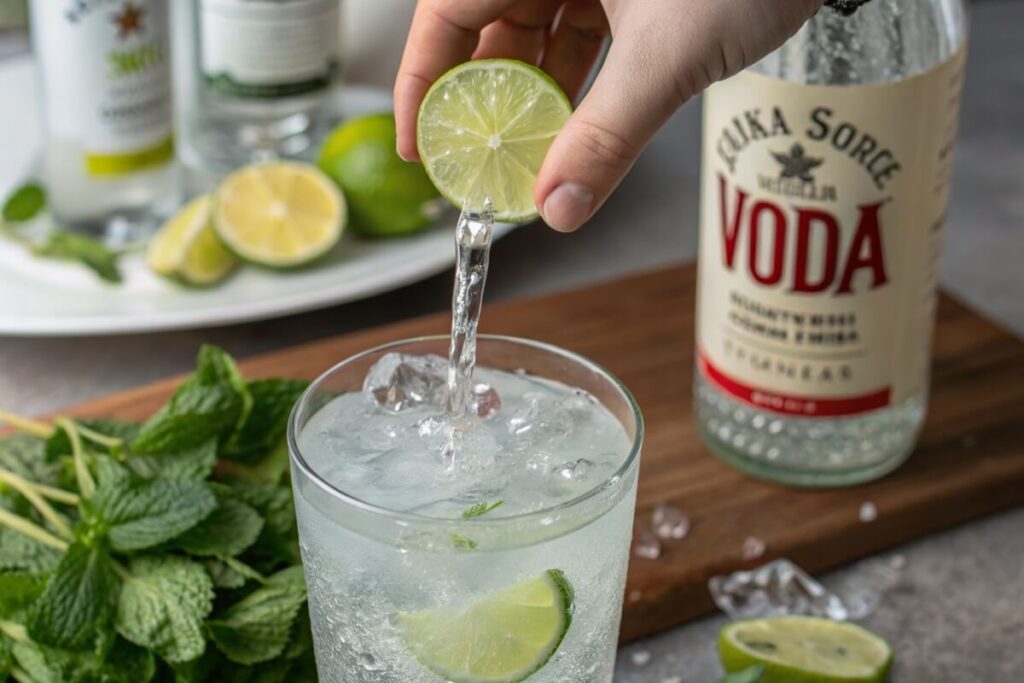 Hand squeezing lime into vodka soda surrounded by fresh ingredients