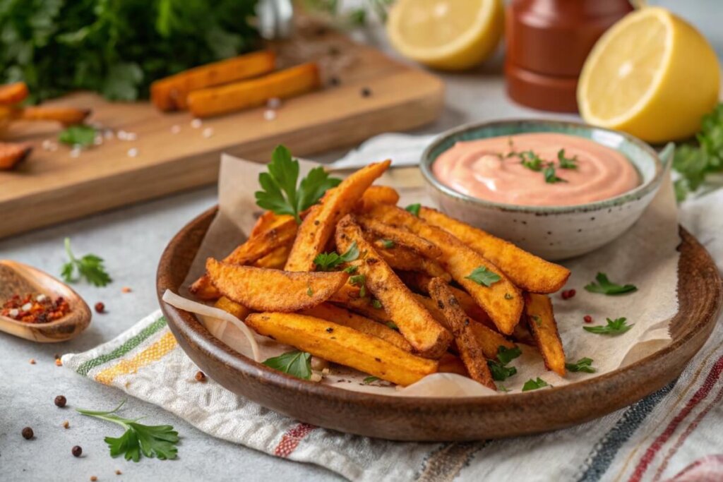 Air-fried sweet potato fries with Sriracha yogurt dip.