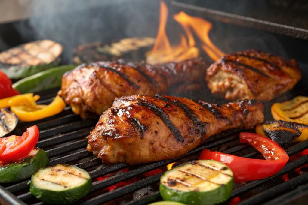 Grilled dark meat chicken thighs with char marks and vegetables