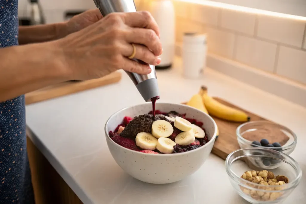 Hands blending acai puree for a homemade acai bowl