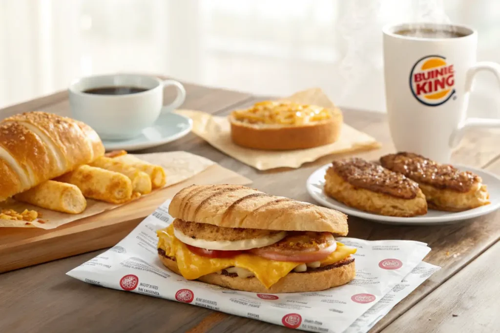 Burger King breakfast spread with coffee, sandwiches, and burritos