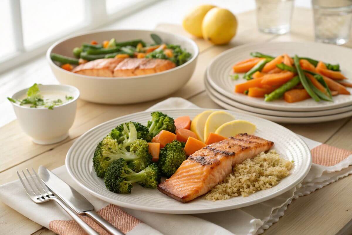 GERD-friendly meal with grilled salmon, vegetables, and quinoa