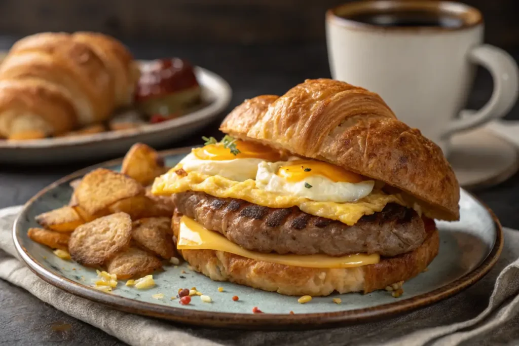 Close-up of a Burger King Croissan’wich with hash browns