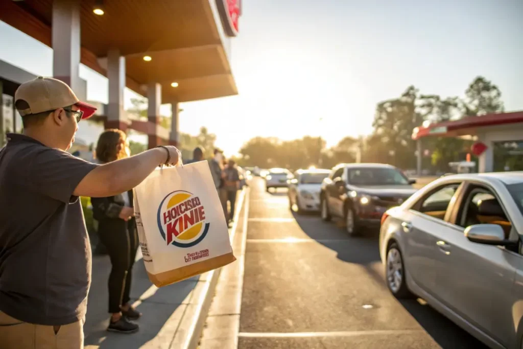 Customer holding a Burger King breakfast bag in a drive-thru