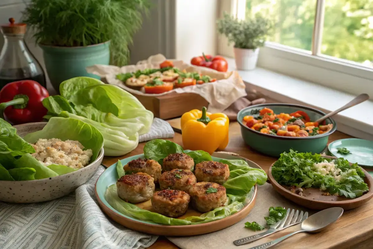 A variety of healthy ground chicken recipes on a dining table